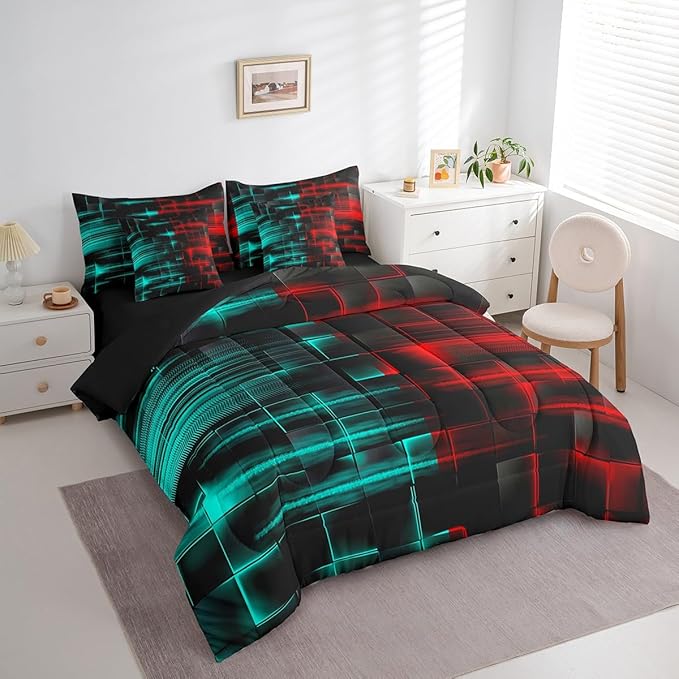 Feelyou Red and Blue Comforter Set with Sheets 7 Piece King Size Kids Geometric Bed in a Bag Strip Lines Bedding Set Abstract Art Bed Set with Comforter, Sheets,Pillowcases,Cushion Covers