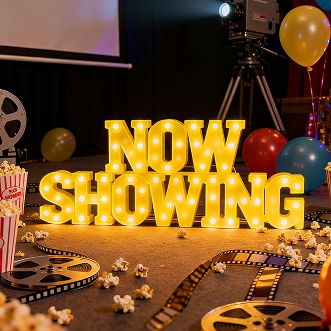 Honoson 10 Pcs Movie Night Party Decorations Now Showing Light up Sign LED Neon Sign Table Decor for Home Movie Room Film Room Camera Action Party Supplies