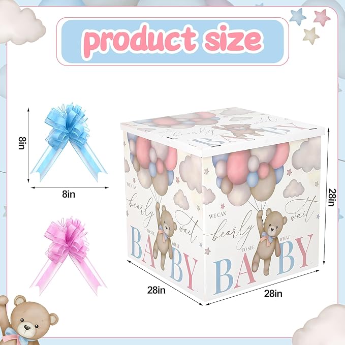 AmazingSpark 28in Jumbo Gender Reveal Gift Box Kit with Oversized Box Giant Pull Bows for Gender Reveal Baby Shower Birthday Party Decor(We Can Bearly Wait)