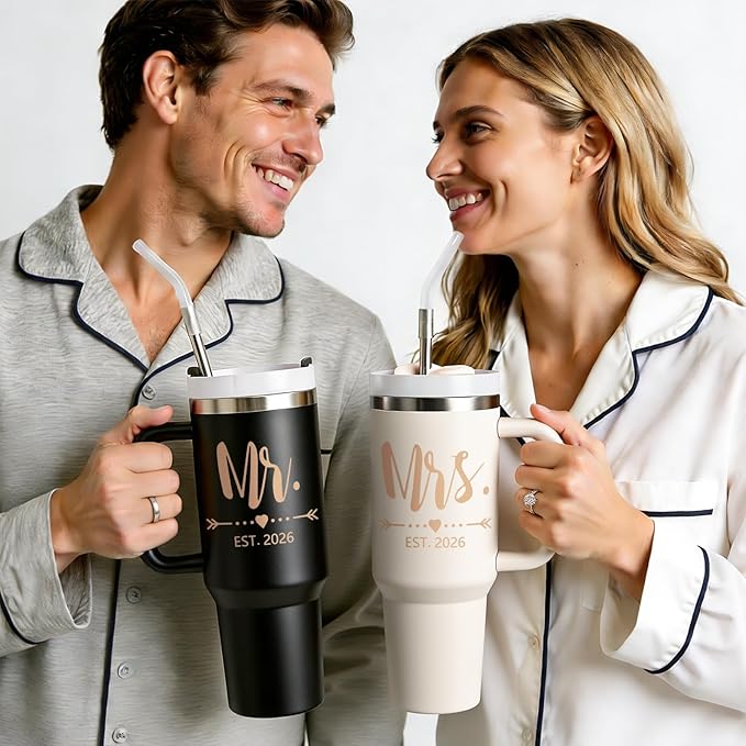 Qtencas Wedding Gifts for Couples 2026, Mr and Mrs Gifts 2026 Tumblers Set, Engagement Anniversary Wedding Gift for Newlyweds, Mr and Mrs Gift (Black & Beige)