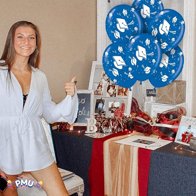 PMU 100 Pcs Blue Graduation Balloons Class of 2025 with All-Over Print White Grad Caps-Confetti and Streamers | Graduation Party Supplies | Congratulations Grad Latex Balloons Latex