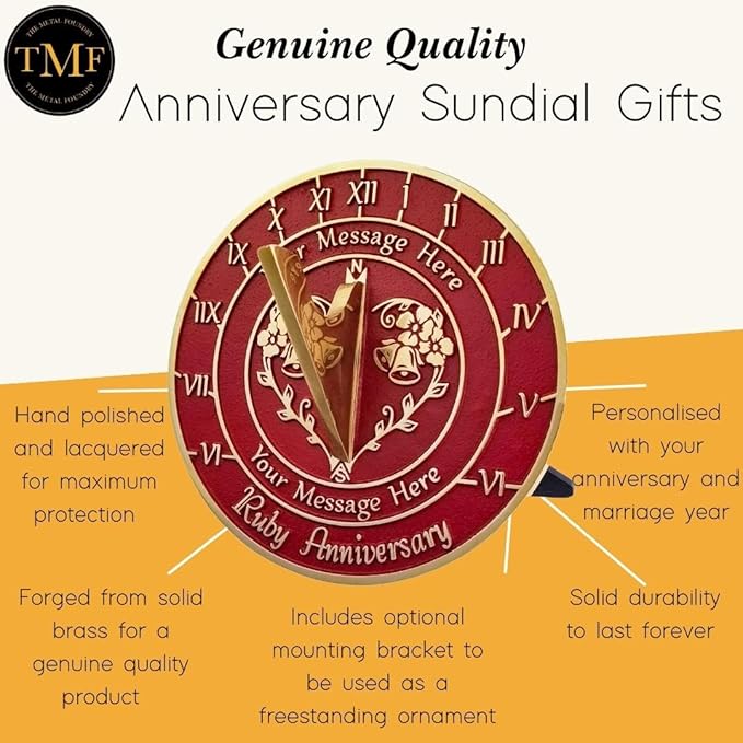 The Metal Foundry Personalized Ruby 40th Large Sundial - Recycled Brass Home Decor Or Garden Present Idea Made in The UK for Parents, Grandparents, Friends, Couples 40 Years Marriage
