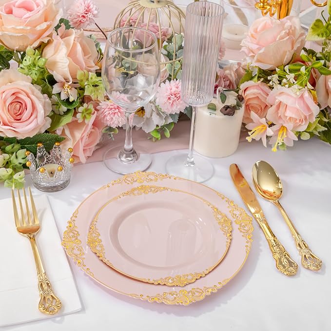 200PCS Pink and Gold Plates - Pink Plastic Plates - Fancy Disposable Plate with Gold Rim - Vintage Wedding Dinner & Dessert Plate for 100 Guests for Wedding & Valentine's Day & Bridal Shower
