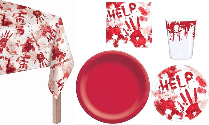Stephanie Imports Halloween Bloody Hands Tableware Pack! Disposable Paper Plates, Napkins, Cups & Table Cover Set for 16
