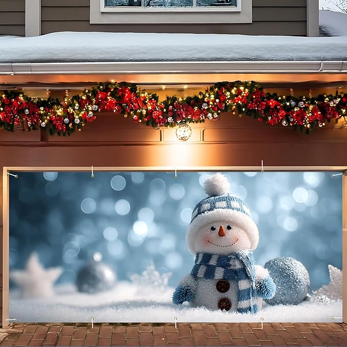 Christmas Garage Door Banner 7x16FT Snowman Winter Scene, Cute Holiday Garage Door Cover for Outdoor Xmas Decorations & Driveway Displays
