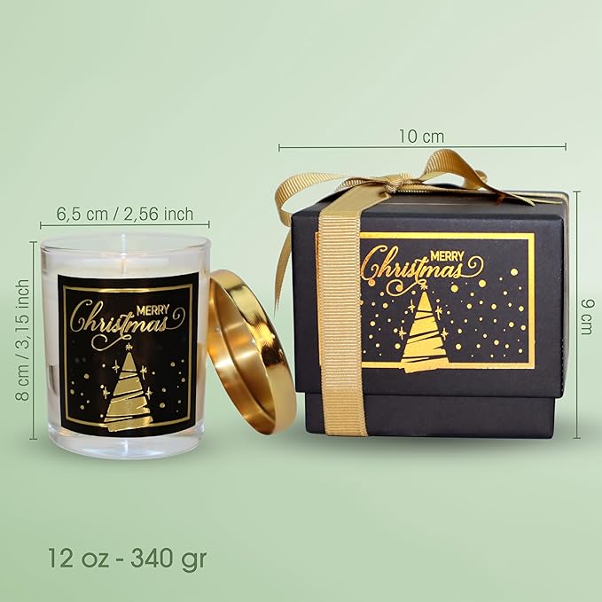CharmLab Candle – Wood & Spice Sandal Scented Glass Jar Candle in Black Gift Box with Gold Ribbon & Christmas Tree Design, 12 oz, Natural Bio Wax, 40 Hr Burn, Holiday Gift & Festive Home Decor