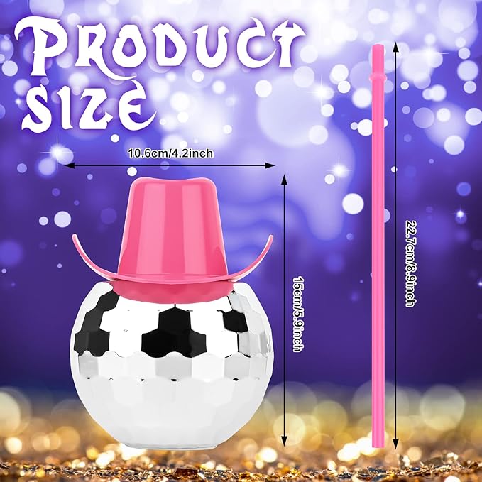 12 PCS Disco Ball Cups Pink Cowgirl Hat Mirror Party Cup with Straws Silver 70s Cocktail Cup Sparkling Tumbler Wine Glass for 1970s Bar Dance Cowboy Bachelorette Party Decorations Supplies