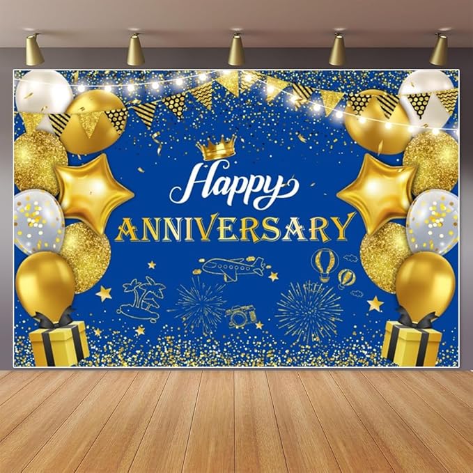 ChloropLastid Happy Anniversary Backdrop Blue Gold Anniversary Decorations for Party Banner 50th 60th Anniversary Birthday Wedding Supplies Photo Booth Props Background 8X6FT