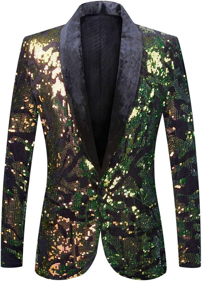 Men Fashion Velvet Sequins Floral Pattern Suit Jacket Blazer
