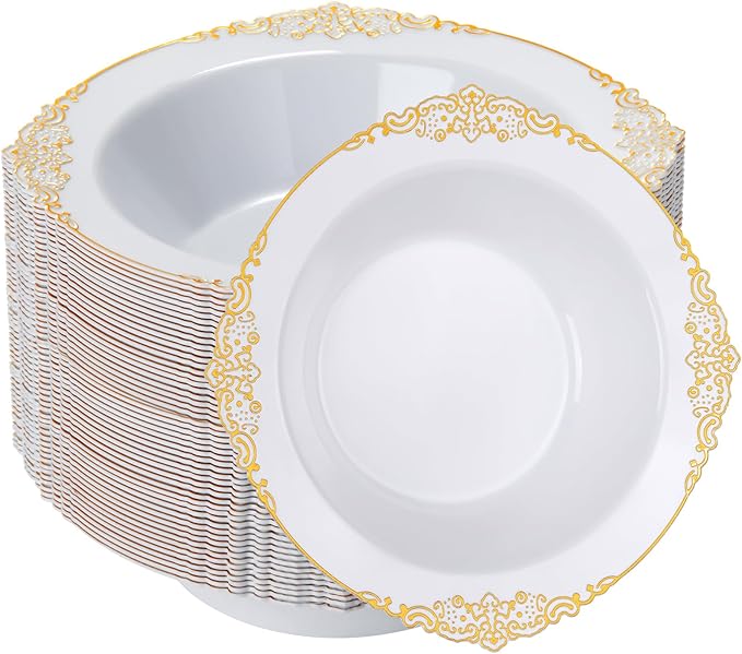 100 Pack White Plastic Bowls with Gold Relief Rim, 12oz Plastic Salad Bowl, Disposable Bowls for Party, Dinners, Weddings, Christmas, Thanksgiving, Valentine's Day