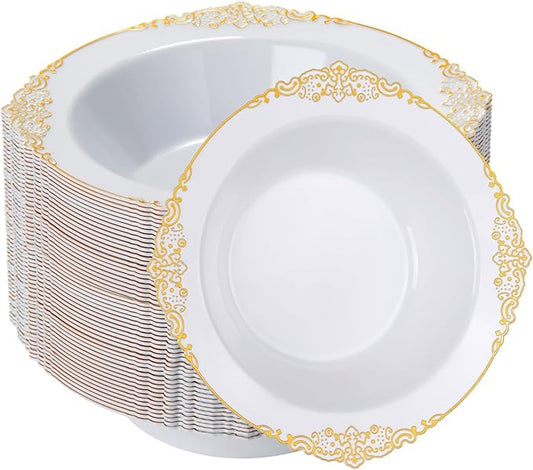 100 Pack White Plastic Bowls with Gold Relief Rim, 12oz Plastic Salad Bowl, Disposable Bowls for Party, Dinners, Weddings, Christmas, Thanksgiving, Valentine's Day