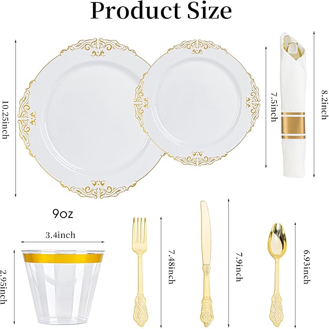 350PCS Gold and White Plastic Plates, Gold Plastic Dinnerware Sets for 50 Guests, 100 Disposable Plates, 150 Silverware, 50 Cups, 50 Napkins for Party and Wedding