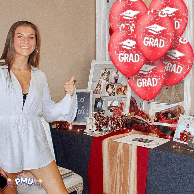 PMU 100 Pcs Red Graduation Balloons Class of 2025 with All-Over Print White Grad Caps-Confetti and Streamers | Graduation Party Supplies | Congratulations Grad Latex Balloons Latex
