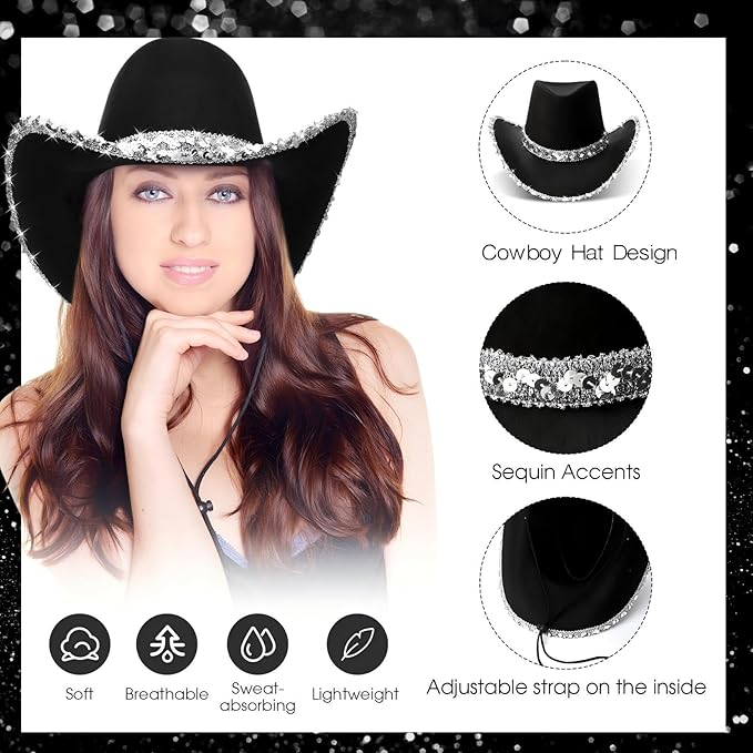 Hercicy 6 Pack Western Cowboy Hats with Rhinestone Tassel Bands Sequin Trim Sparkly Cowgirl Party Hats for Adults Women Men