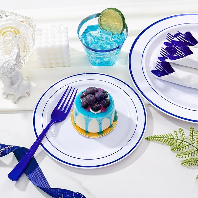 WELLIFE 700 Pcs Blue Plastic Plates for 100 Guests - Plastic Dinnerware Set,Party Supplies Includes 200 Blue Disposable Plates,300 Silverware,100 Napkins,100 Cups