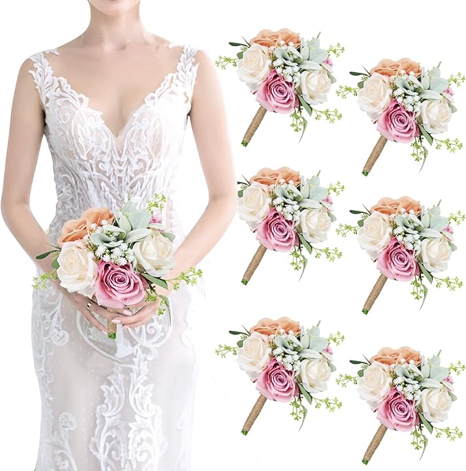 Bridesmaid Bouquets Set of 6 - Blush & Pink Artificial Flowers Bouquet for Bridesmaids Wedding Small Floral Centerpieces for Marriage Proposal Party Anniversary Dining Table Decor -7 Inch