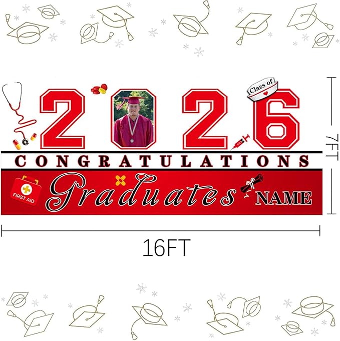 Custom Photo Graduation Garage Door Banner Personalized 2026 Grad Banner 7x16ft Porch Door Sign Decoration Outdoor Photo Booth Backdrop Party Supplies(Nurse Red)