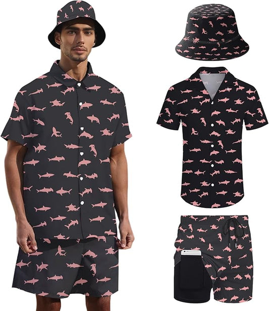 Men's Hawaiian Shirt and Shorts Set 2 Piece Beach Outfits with Bucket Hats for Beach Days and Summer Vibes