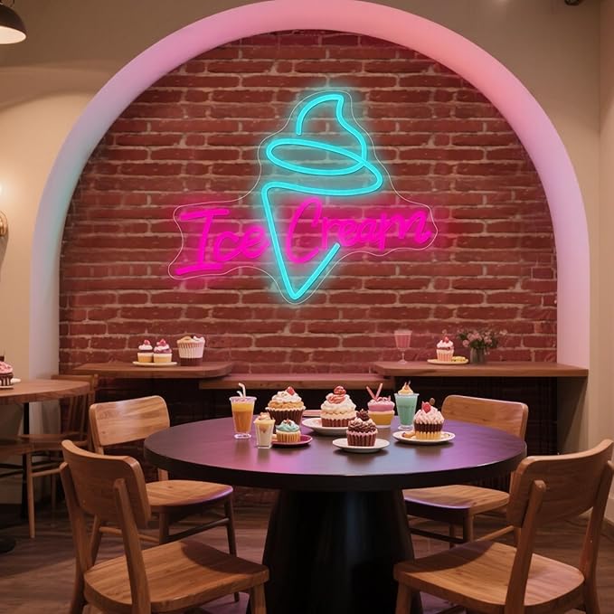 Ice Cream Neon Sign - Dimmable USB Ice Cream Letter Neon Light Up Signs for Business Store Cafe Drink Shop Office Bedroom Restaurant Decor Adjust Brightness