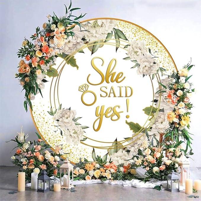 Leyiyi 7.2x7.2ft She Said Yes Round Backdrop Cover Polyester Rustic White Flower Golden Glitter Photography Background Floral Romantic Proposal Wedding Bridal Shower Engagement Party Decoration Banner