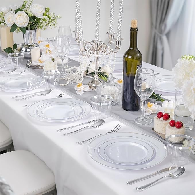 150 PCS Silver Disposable Dinnerware Set for 25 Guests, Silver Plastic Plates for Party, Including 25 Dinner Plates, 25 Salad Plates, 25 Cups, 25 Forks Knives Spoons for Wedding and Party Supplies