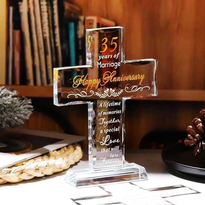 YWHL 35th Wedding Anniversary Cross Gifts for Her Him, Unique Glass Cross Gifts with Romantic Quote, 35 Years of Marriage Gifts for Couple, Standing Cross Gifts for 35th Anniversary Decoration
