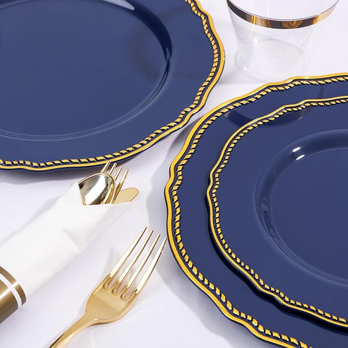 Hioasis 175pcs Blue Gold Plastic Plates - Gold Plastic Dinnerware Set Includes 25 Dinner Plates, 25 Dessert Dinnerware, 25 Cups, 25 Napkins Perfect for Wedding & Party