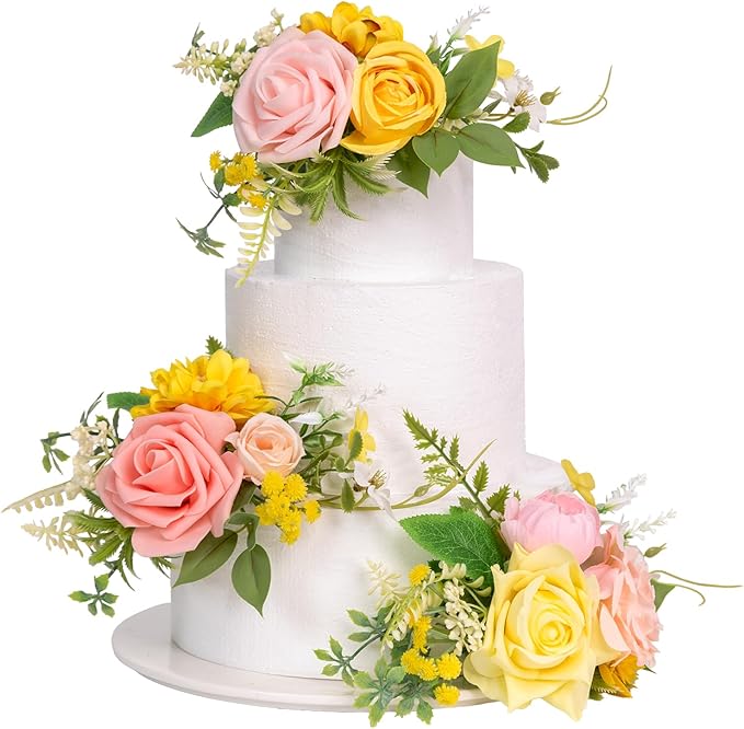 TINGE TIME 3Pcs Pre-made Cake Toppers，Silk Artificial Flowers Decor，Cake Decorations for Weddings, Birthdays, Party,Baby Shower,Celebration (PeachPink&Yellow)