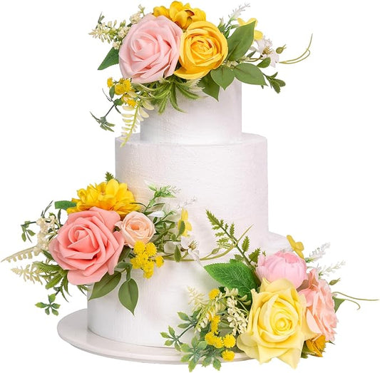 TINGE TIME 3Pcs Pre-made Cake Toppers，Silk Artificial Flowers Decor，Cake Decorations for Weddings, Birthdays, Party,Baby Shower,Celebration (PeachPink&Yellow)