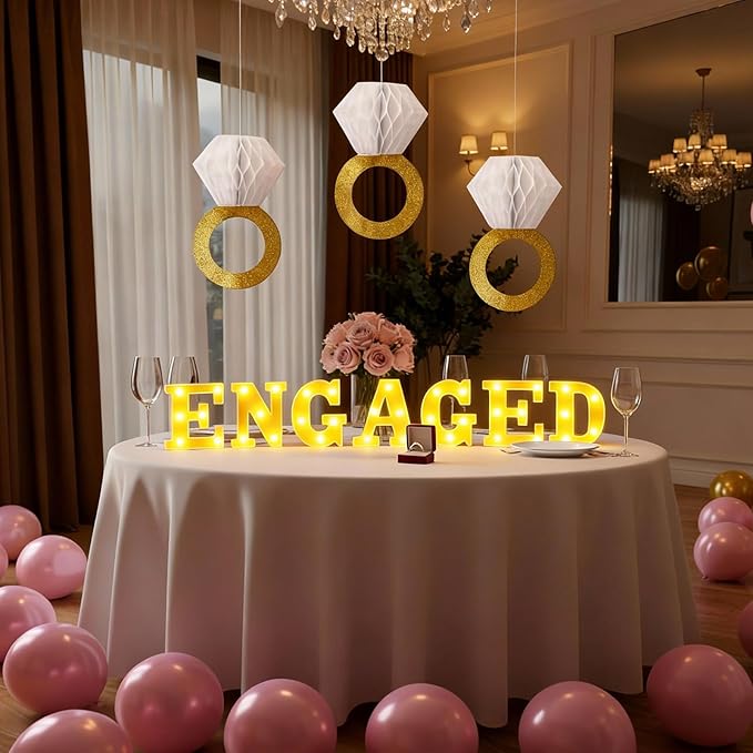 10 Pcs Engagement Party Decorations Glitter Gold Honeycomb Engagement Ring Hanging Decorations Engaged LED Letter Lights Table Decoration for Bachelorette Wedding Anniversary Party Decor