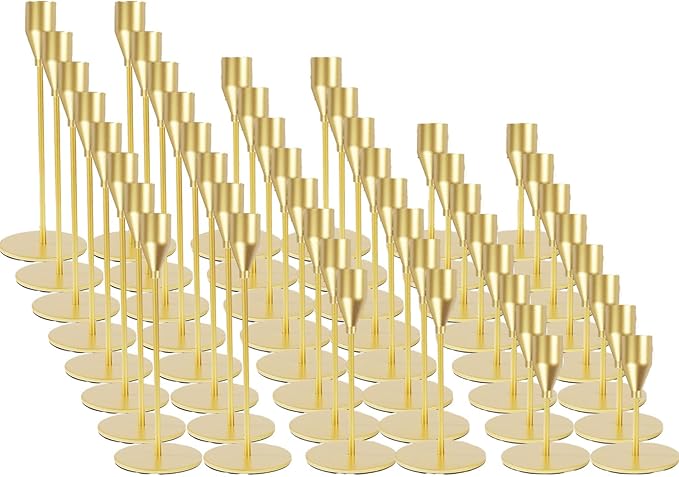 Matte Gold Candle Holders Bulk Painted Gold Metal Candlesticks Fit 0.8 Inch Taper Candles Decorative Metal Candelabra for Wedding Home Holiday Anniversary Party Dinning Table Decors (Set of 48)