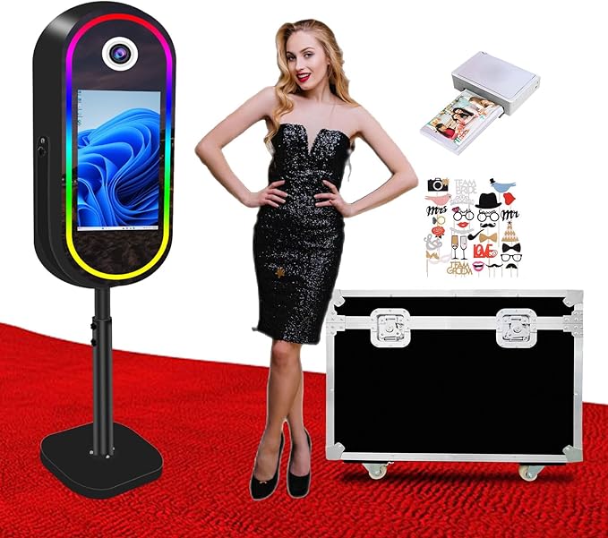 Oval Magic Mirror Photo Booth Machine with Flight Case, 21.5inch Touch Screen Built-in Mini PC for Wedding Parties (Black, Printer + Photo Booth)