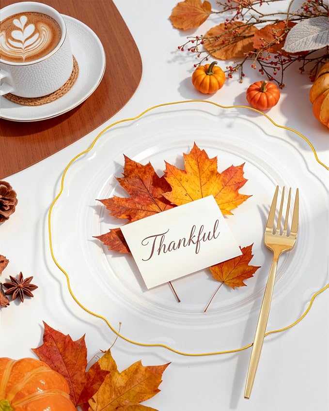 bUCLA 180PCS Clear Plastic Plates with Gold Trim - Clear Gold Plastic Dinnerware Include 30 Dinner & Dessert Plates, 30 Knives, 30 Forks, 30 Spoons and 30 Cups for Party