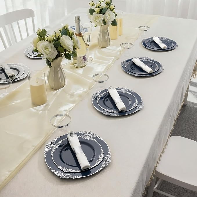 700PCS Navy Blue Plates for 100 Guests, Disposable Dinnerware Sets Include 100 Plastic Plates, 100 Silverwares, 100 Cups, and 100 Pre Rolled Napkins for Party, Wedding and Graduation