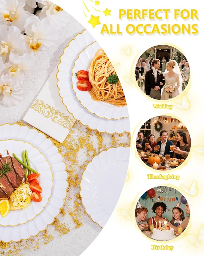 YOUBET 175PCS Gold Scalloped Plastic Plates - White and Gold Disposable Dinnerware Set Include 50 Plates, 75 Gold Silverware, 25 Cups, 25 Napkins for Party & Wedding