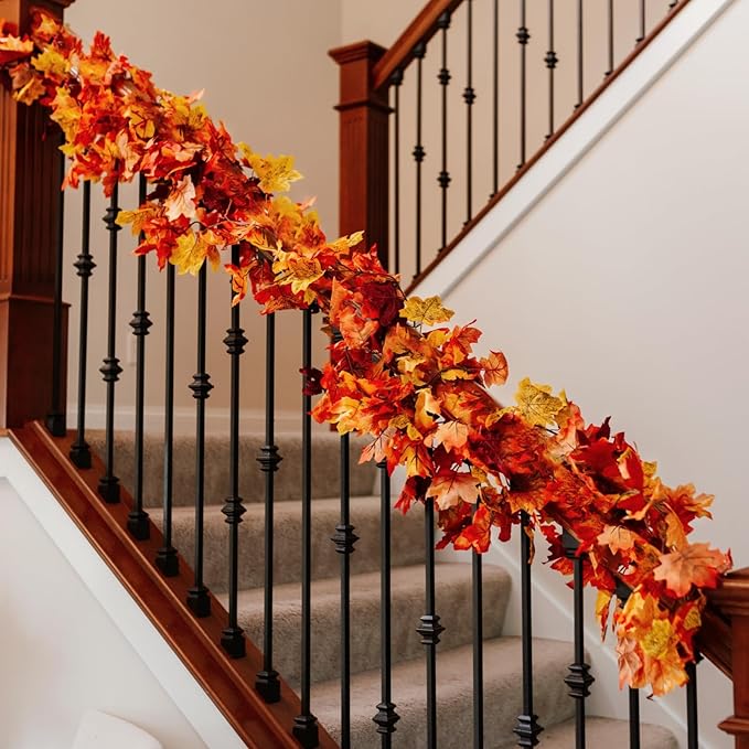 CQURE 14 Pack Fall Leaf Garland, Total 82.6Ft Artificial Fall Vines Autumn Garland Fall Maple Leaves Thanksgiving Decor for Home Wedding Fireplace Party