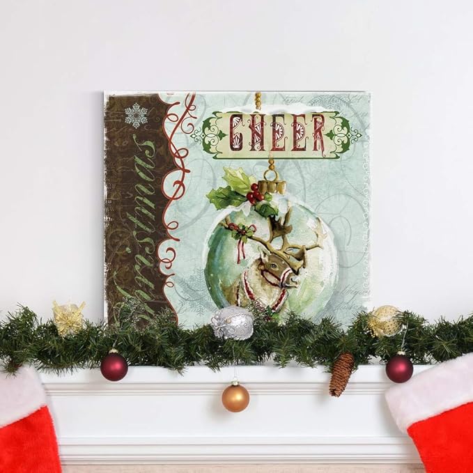 Renditions Gallery Christmas Cheer Ornament Wall Art, Cute Winter Decor, Festive Reindeer with Red & Green Holly, Premium Gallery Wrapped Canvas, Ready to Hang, 40 in H x 40 in W, Made in America