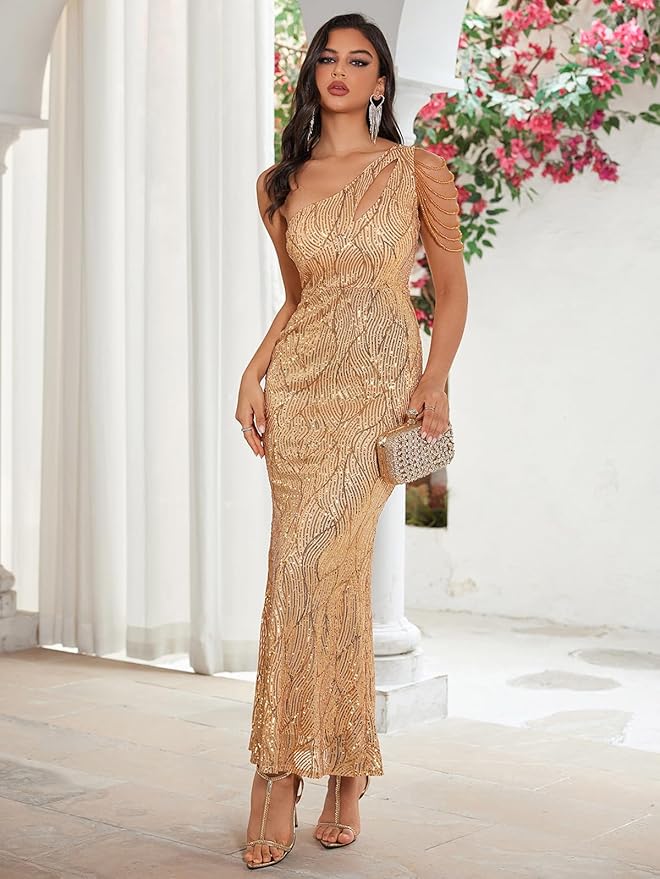 Women One Shoulder 1920s Plus Size Formal Dress Tassels Sleeve Sequins Gatsby Maxi Evening Gown