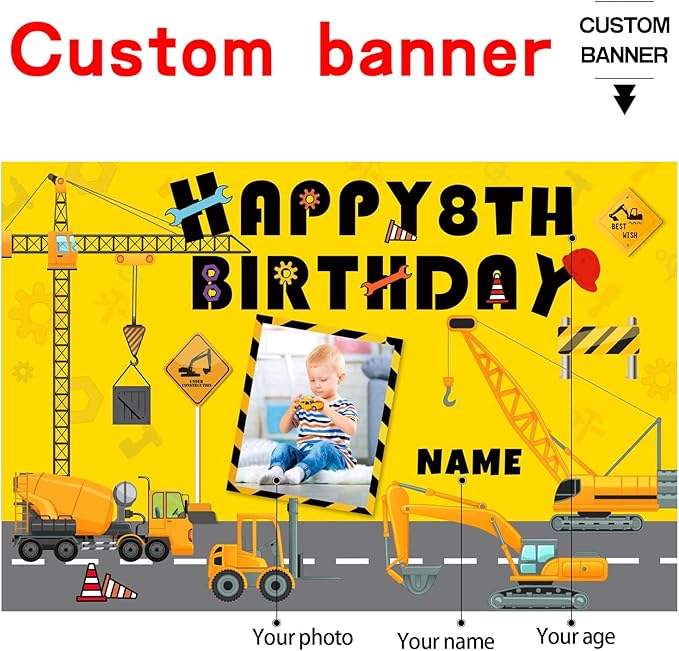 Custom Construction Happy Birthday Party Decorations Supplies Personalized Excavator Crane Dump Truck Digger Birthday Backdrop Banner(6x9ft)