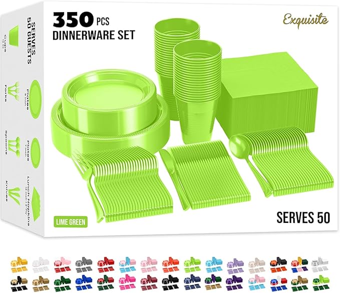 350 Pcs Lime Green Plastic Plates For Party, Lime Green Disposable Plates Set, 50 Of Each 9" Dinner Plate Set, 7" Dessert Plate, Cups, Napkins & Cutlery Plastic Dinnerware Exquisite