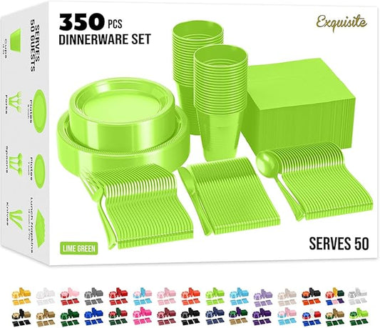 350 Pcs Lime Green Plastic Plates For Party, Lime Green Disposable Plates Set, 50 Of Each 9" Dinner Plate Set, 7" Dessert Plate, Cups, Napkins & Cutlery Plastic Dinnerware Exquisite