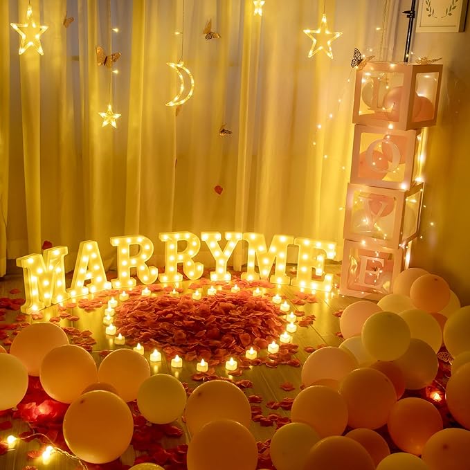 6147pcs Marry Me LED Marquee Light Up Letters Sign Proposal Decorations with 24 LED Heart Shape Light Love Balloon Box for Wedding Valentine Anniversary Party Banquet Props