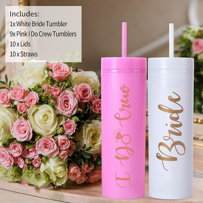 10 Pack Bride to Be Skinny Tumbler | 16 oz Bride & I Do Crew Tumblers | Bachelorette Party Cups | Engagement Wedding Gifts Bridesmaids Mugs Bachelorette Party Supplies & Games(Pink)