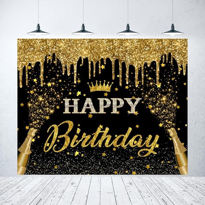 Black Gold Happy Birthday Backdrop Banner 10x8ft Glitter Black and Gold Happy Birthday Photography Background Happy Birthday Banner for Men Women Happy Birthday Party Backdrop