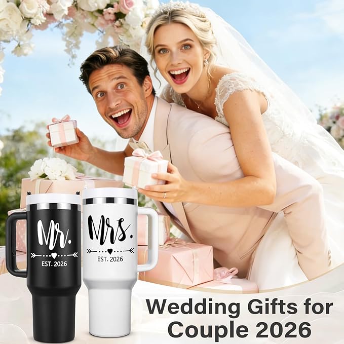 Qtencas Mr and Mrs Gifts, Wedding Gifts for Couples 2026, Mr & Mrs Insulated Tumblers Set, Anniversary Engagement Wedding Gift for Newlyweds Couples Bride and Groom (Black & White)