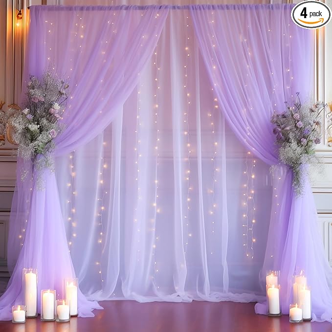 20x8ft Purple Tulle Backdrop Curtain with Lights String for Parites, Sheer Photo Backdrop Curtains with Lights for Wedding Backdrop Ceremony Reception Bridal Shower Baby Shower Birthday Party