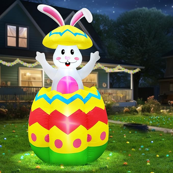 [Pop Up and Down] 5.7 Ft Easter Inflatable Bunny Broke Out of Colorful Easter Eggs, Blow Up Rabbit Decorations Outdoor with Built-in LED Easter Party Decor Yard Garden Lawn Indoor Outdoor Home