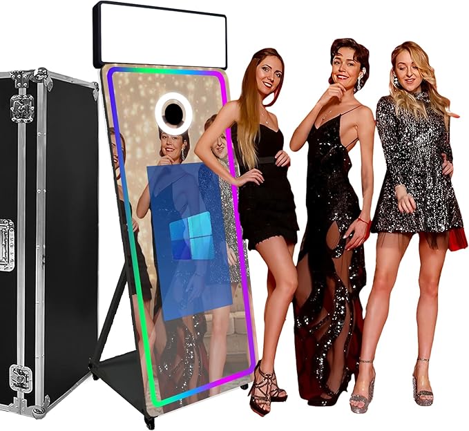 Magic Mirror Photo Booth,Mirror Photo Booth Interactive Touch Screen with Flight Case, Built-in Mini PC with Instant Print and Sharing for Event Party Wedding Rental (Black, 32''Screen)