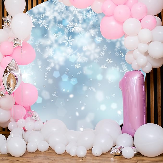 Bokeh Snowflake Round Backdrop Cover 7.2ft Dreamy Blue Snowflakes Round Background for Photography Christmas Ice Snow Winter Theme Birthday Party Backdrop for Girls Elsa Princess Portraits