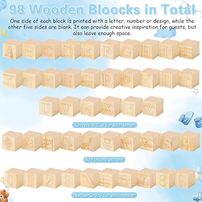 Marsui 136 Pcs Baby Shower Blocks to Decorate Game Kit Includes 98 Wooden Blocks, 36 Markers, 1 Game Sign, 1 Storage Box for Baby Shower Gender Reveal Activity Party Decorations(Blue Bear)